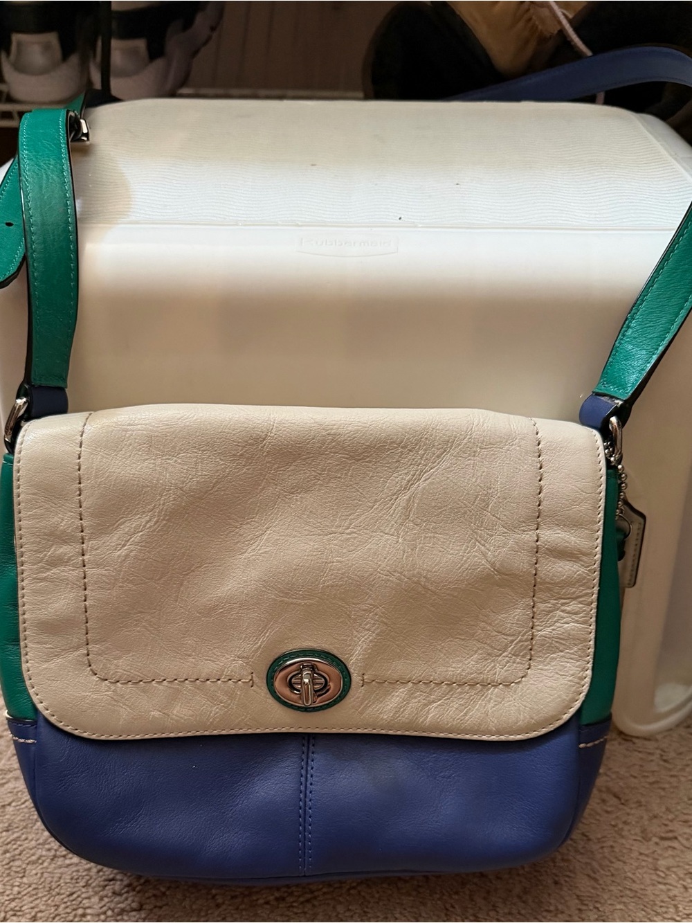 Coach Colorblock Leather Crossbody in White, Blue & Teal